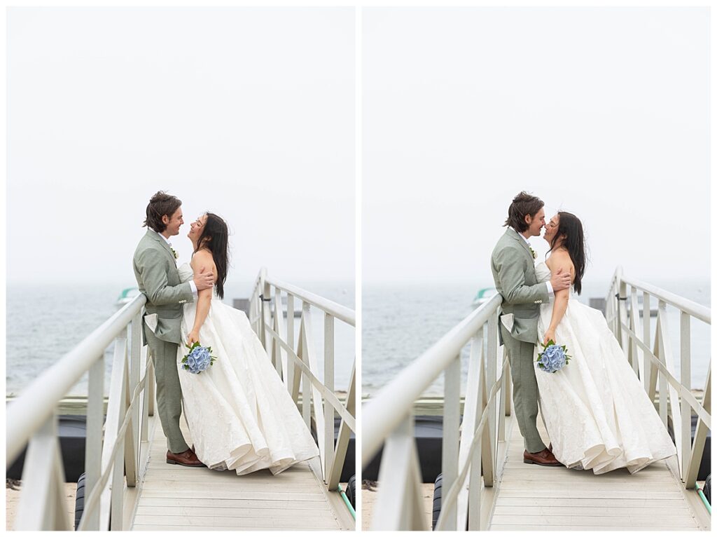 Bride and Groom stand on the dock at The Wauwinet chest to chest on their wedding day at in Nantucket.