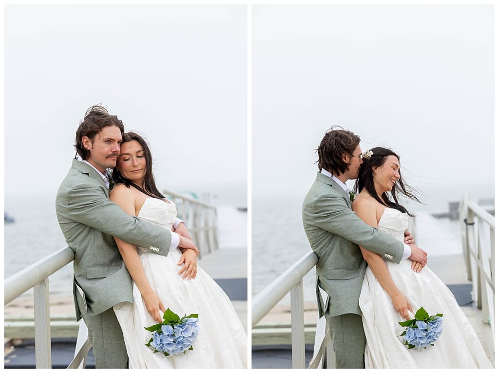 Bride and Groom smile and laugh and share a kiss at The Wauwinet on their wedding day in Nantucket.