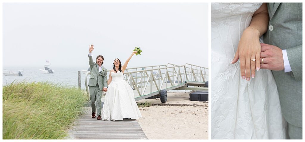 Bride and Groom show rings and walk down the boardwalk on their wedding day at The Wauwinet in Nantucket.