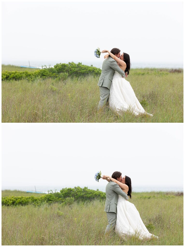 Bride and Groom embrace in the seagrass on their wedding day at The Wauwinet in Nantucket.