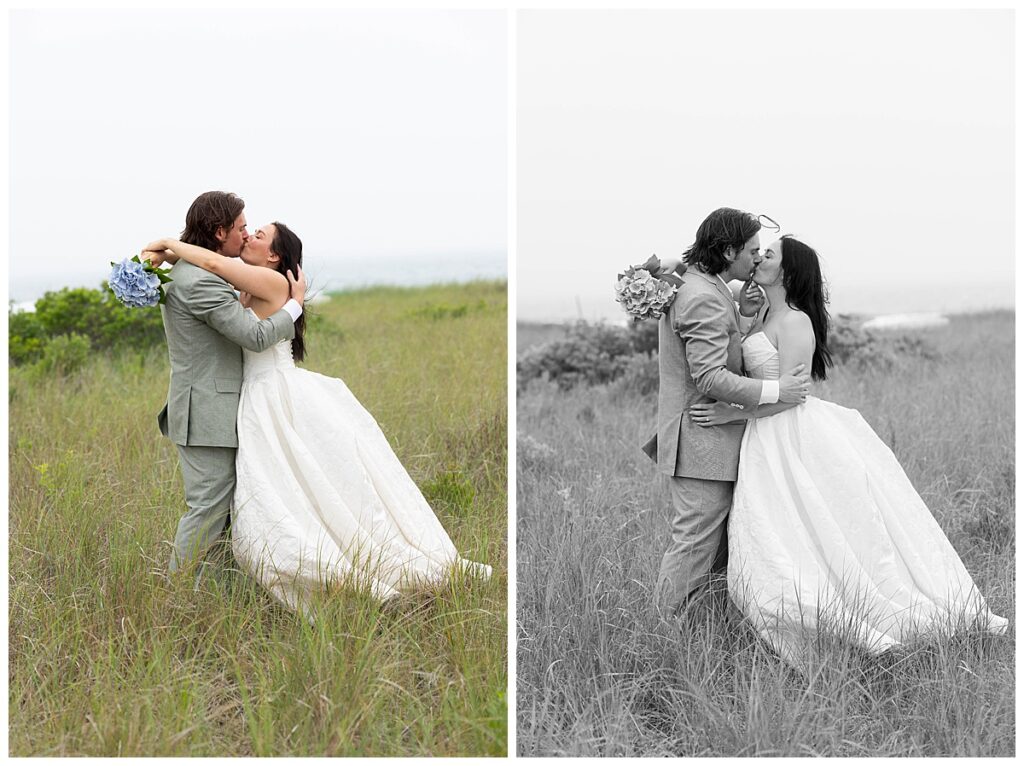 Bride and Groom kiss and embrace in the seagrass overlooking the ocean at The Wauwinet in Nantucket on their wedding day.