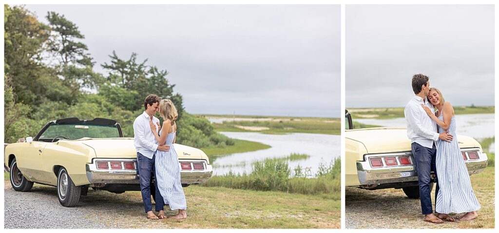 Man and woman smile and lean heads on the others shoulder after getting engaged in Chatham, Cape Cod, Massachusetts.