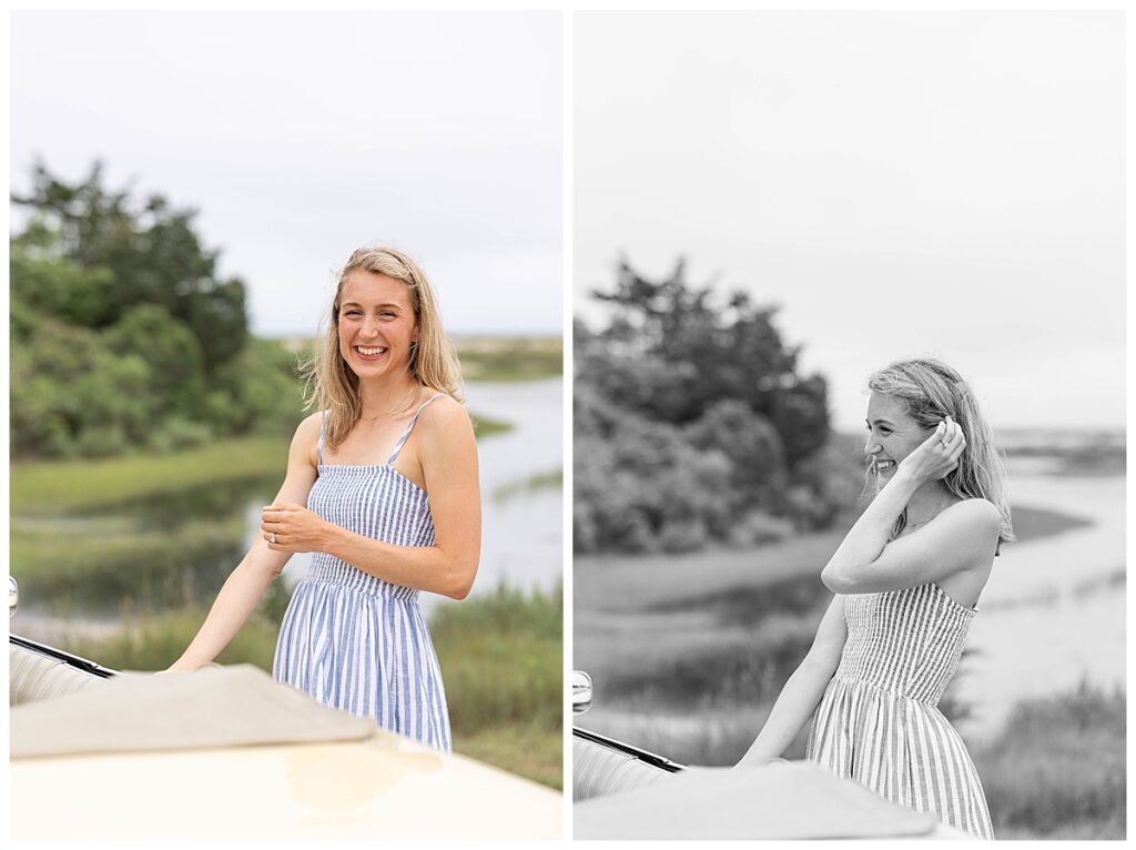 Blonde woman in a blue and white striped dress smiles after getting engaged in Chatham, Cape Cod, Massachusetts.