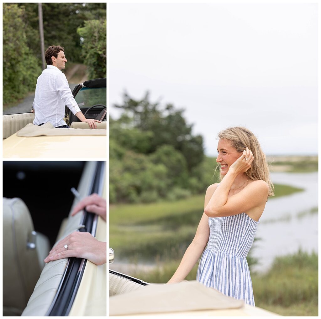 Man and woman glance at each other in Chatham, Cape Cod, Massachusetts while getting into a pale yellow classic car.