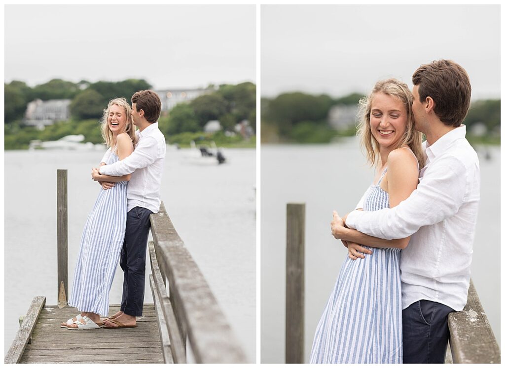 Woman leans her back against her fiancé while he has his arms wrapped around her during engagement pictures in Chatham, Cape Cod, Massachusetts.