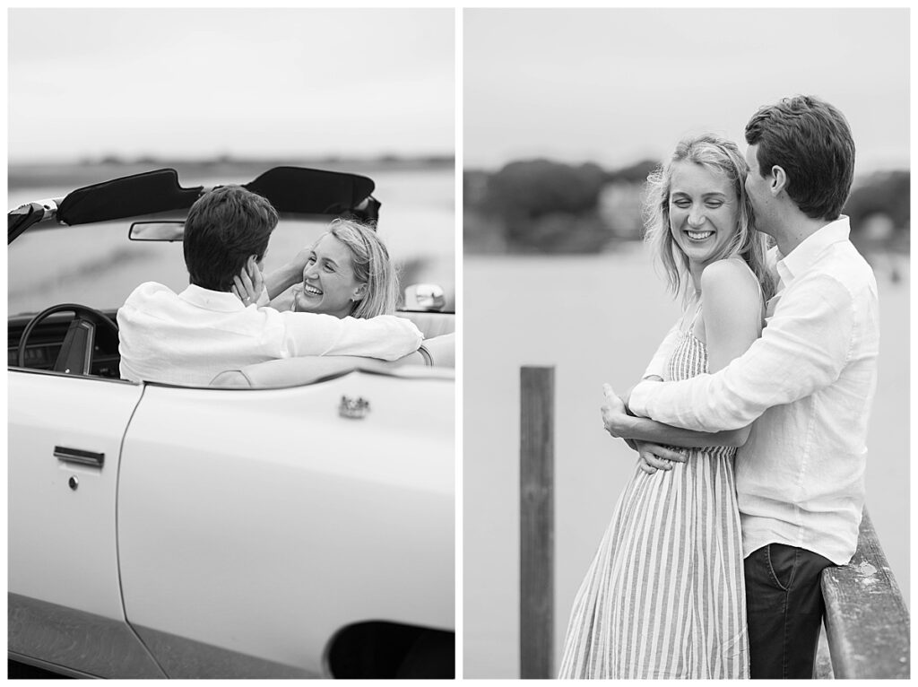 Man and woman sitting in an old fashioned car for engagement pictures in Chatham, Cape Cod Massachusetts.