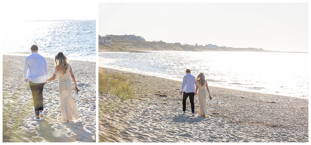 Man and woman walk into the sunshine on Steps Beach at sunset before his Nantucket Proposal over Labor Day weekend.