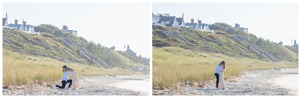 Man gets down on one knee in Nantucket to propose to his girlfriend at Steps Beach over Labor Day weekend.