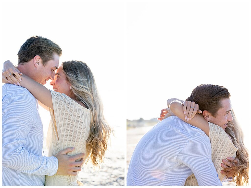 Man hugs woman and embraces her after she said yes to his Nantucket Proposal at Steps Beach over Labor Day weekend.
