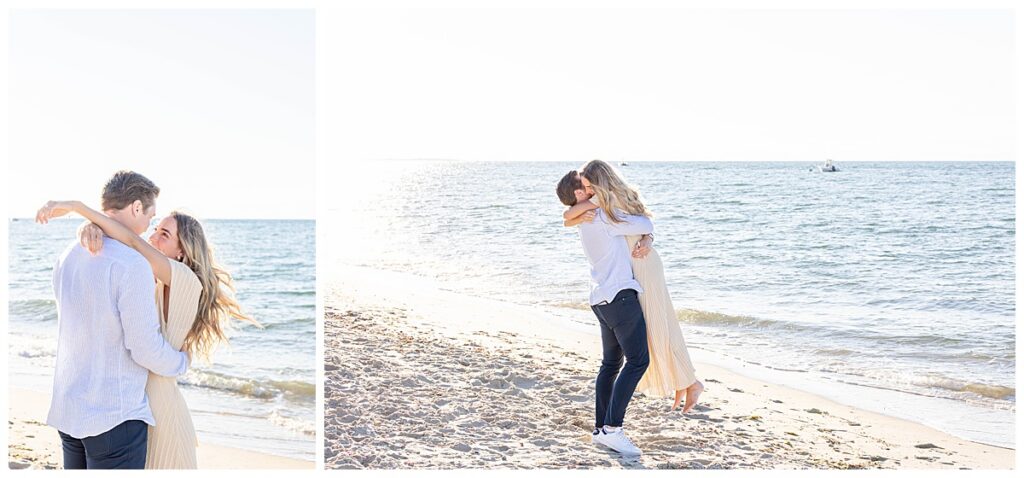 Man and woman stand belly button to belly button with her arms draped over his shoulders at Steps Beach after his Nantucket Proposal.