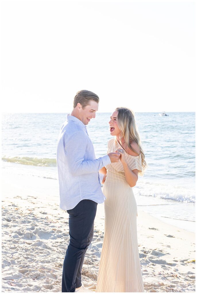 Woman screams in excitement after getting engaged on Steps Beach after her boyfriends Nantucket Proposal over Labor Day weekend.