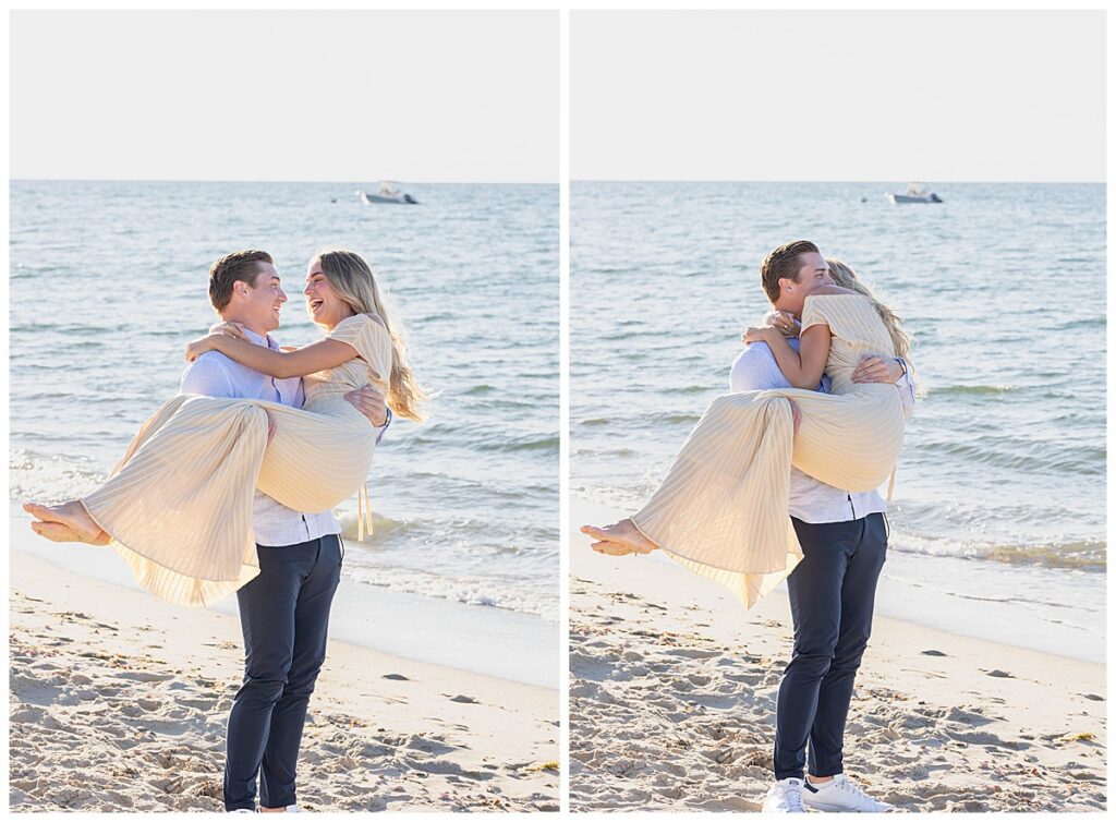 Man holds woman in his arms as she drapes her head on his shoulder after his Nantucket proposal on Steps Beach over Labor Day weekend.