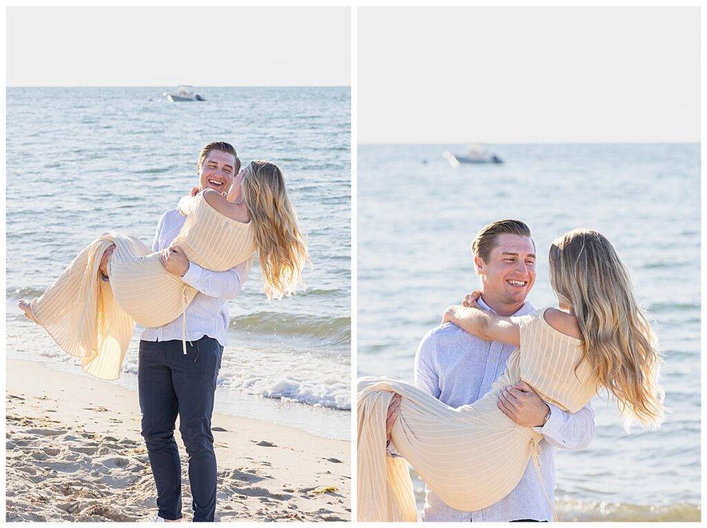Man scoops up woman on Steps Beach and smiles while he spins her around in Nantucket after his proposal.