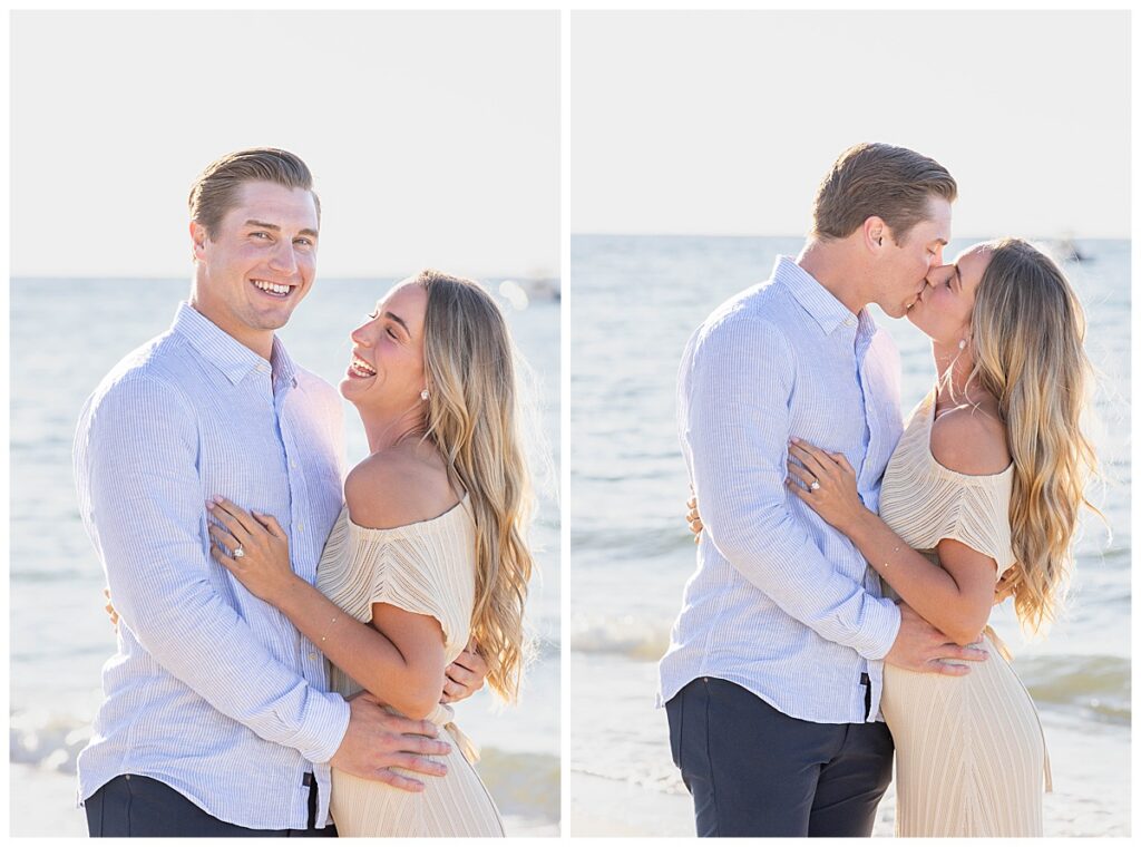 Couple smiles and shares a kiss on Steps Beach in Nantucket, MA after a beach proposal over Labor Day weekend.