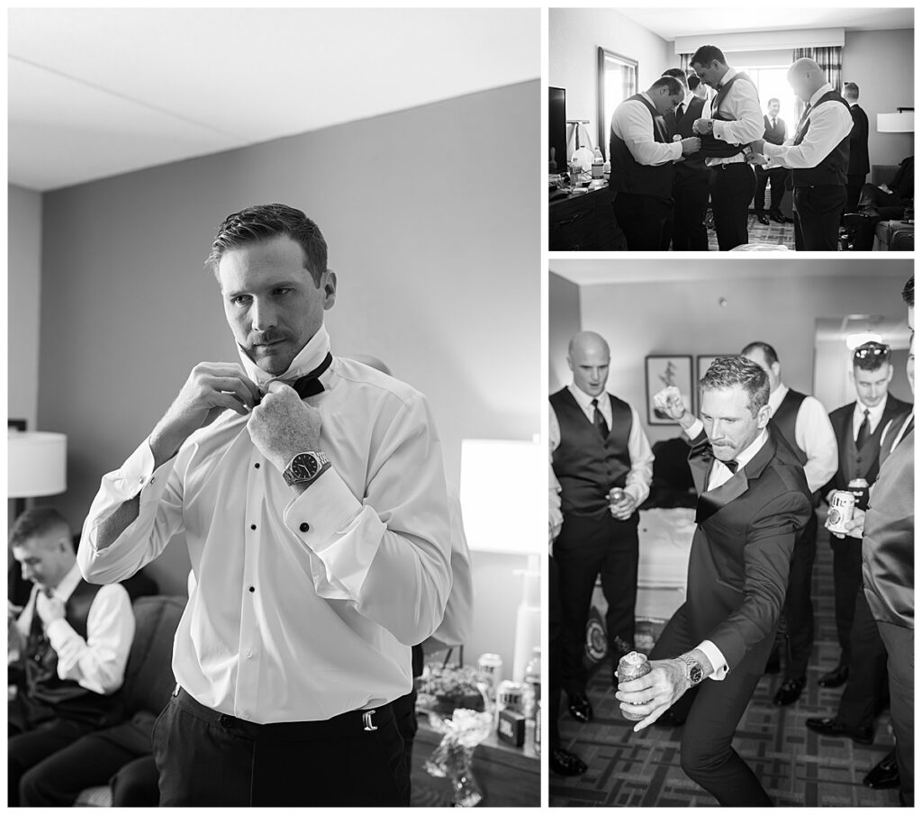 Groom getting ready shots in black and white.