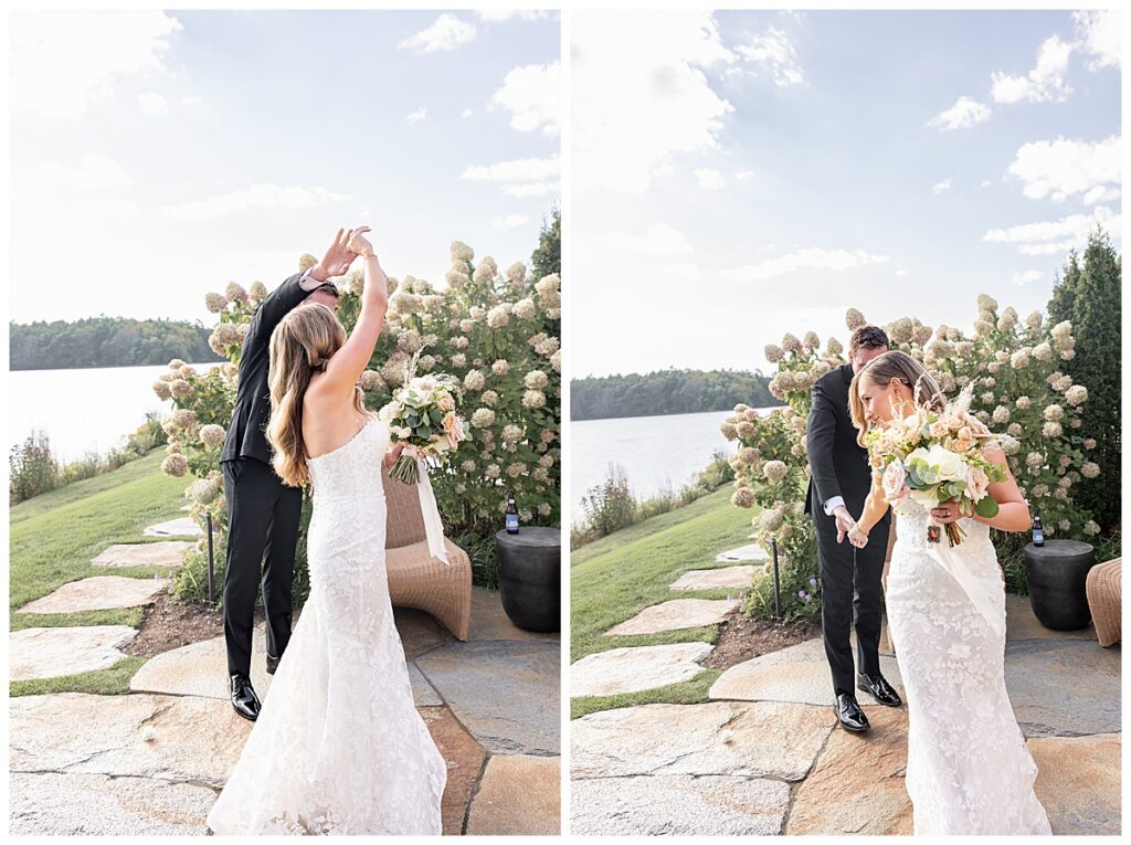 Bride and Groom have First Look before the ceremony at The Lakehouse, a Sapphire Event Group venue in Halifax, Cape Cod, Massachusetts.