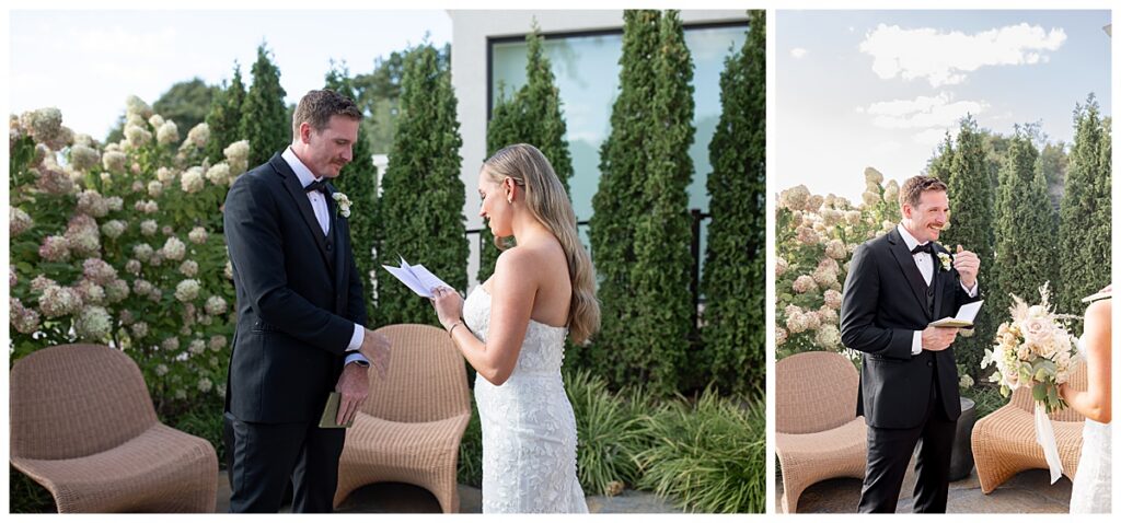 Bride and Groom having First Look and also exchanging private vows before the ceremony at The Lakehouse, a Sapphire Event Group venue in Halifax, Cape Cod, Massachusetts.