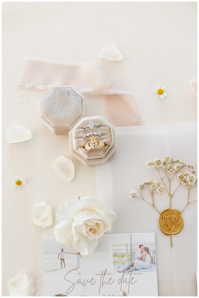 RIngs and other wedding details at The Lakehouse, a Sapphire Event Group venue in Halifax, Cape Cod, Massachusetts.