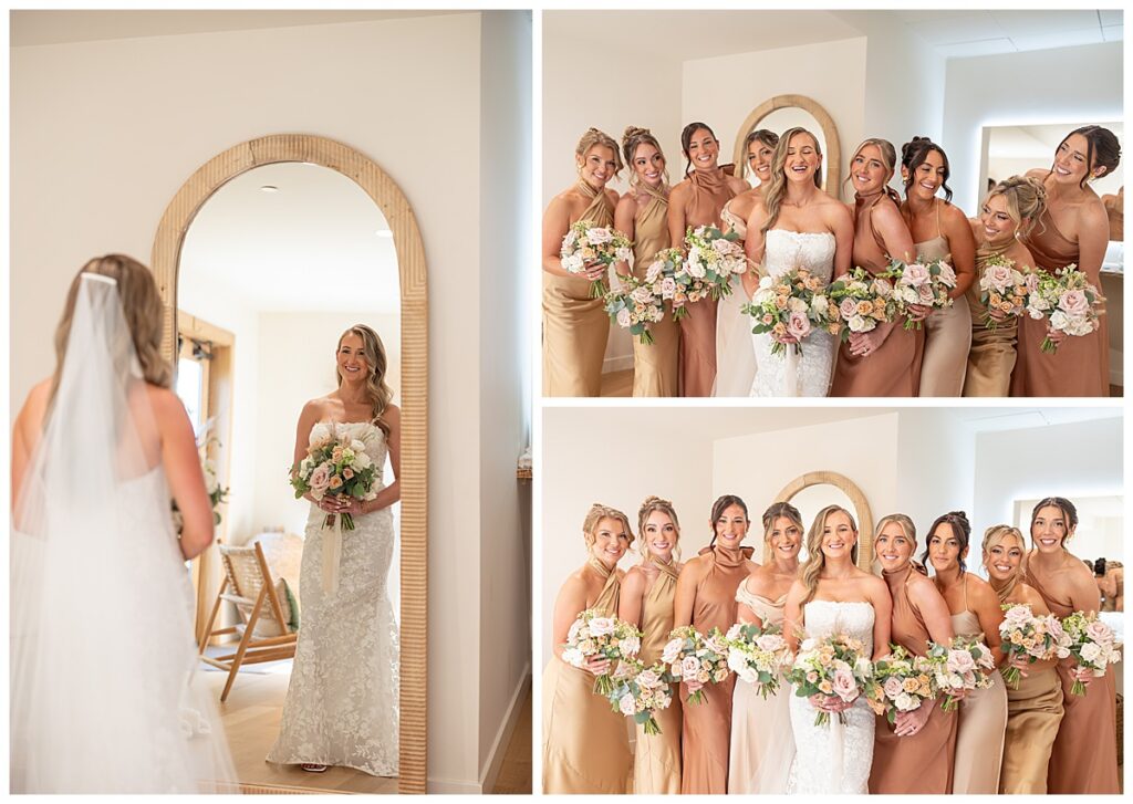 Bride and bridesmaids getting ready in the girls getting ready suite at The Lakehouse, a Sapphire Event Group venue in Halifax, Cape Cod, Massachusetts.
