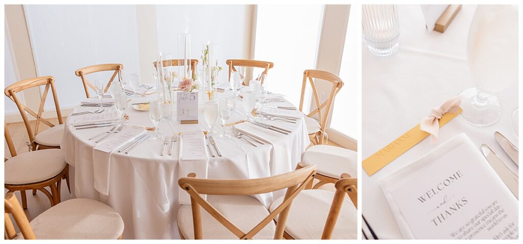 Wedding details of blush pink, golds and light wood and white linens at The Lakehouse, a Sapphire Event Group in Halifax, Cape Cod, Massachusetts.