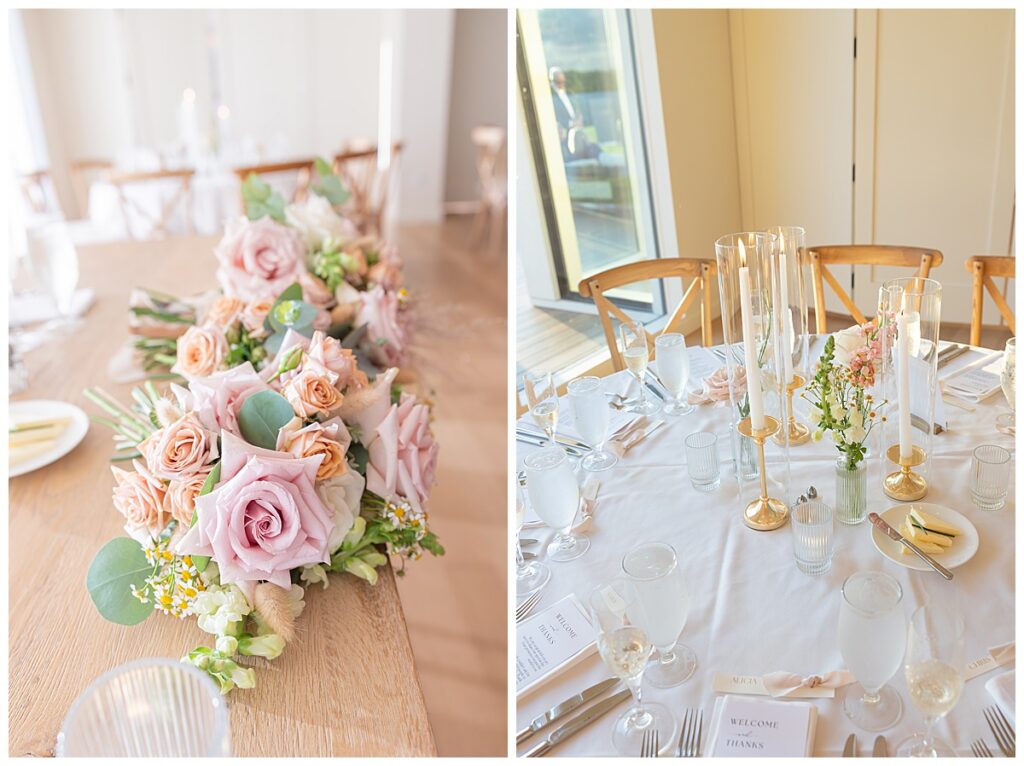 Pink, gold, pale yellow and green florals and candles on the tables of the dining room at The Lakehouse, a Sapphire Event Group venue in Halifax, Cape Cod, Massachusetts.