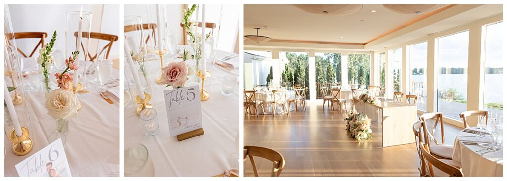 Dining room decor at a September wedding at The Lakehouse, a Sapphire Event Group venue, in Halifax, Cape Cod, Massachusetts.