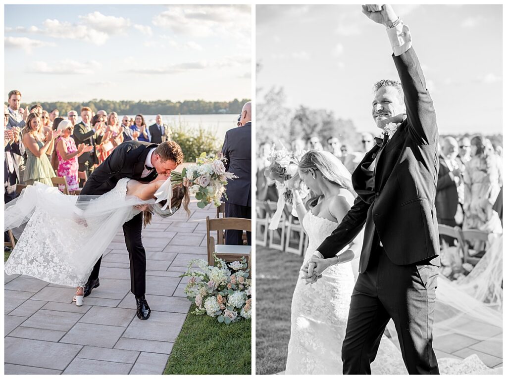 Man raises hand in excitement while exiting his ceremony at The Lakehouse, a Sapphire Event Group venue, in Halifax, Cape Cod, Massachusetts.