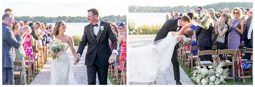 Groom dips bride back as they exit their ceremony while he kisses her at The Lakehouse, a Sapphire Event Group venue in Halifax, Cape Cod, Massachusetts.