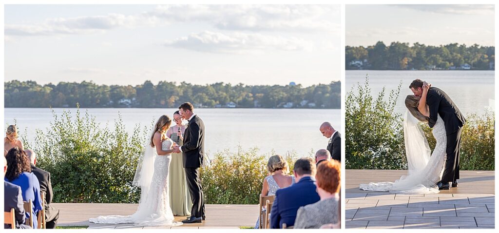 Bride and Groom during wedding ceremony share first kiss and exchange rings outside on the lawn of The Lakehouse, a Sapphire Event Group venue in Halifax, Cape Cod, Massachusetts.