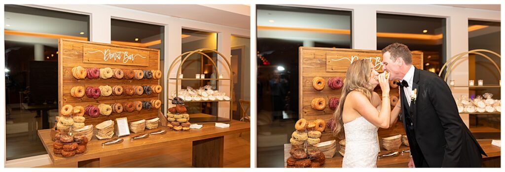 Bride and Groom enjoy donuts at their Donut Bar at their wedding at The Lakehouse, a Sapphire Event Group venue in Halifax, Cape Cod, Massachusetts.