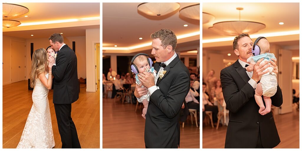 Groom holds his baby at his wedding during the first dance, at The Lakehouse, a Sapphire Event Group venue in Halifax, Cape Cod, Massachusetts.