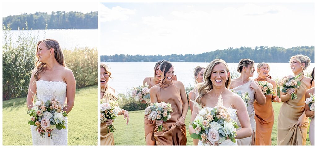 Bride smiling and laughing on the lawn of The Lakehouse, a Sapphire Event Group, in Halifax, Cape Cod, Massachusetts.