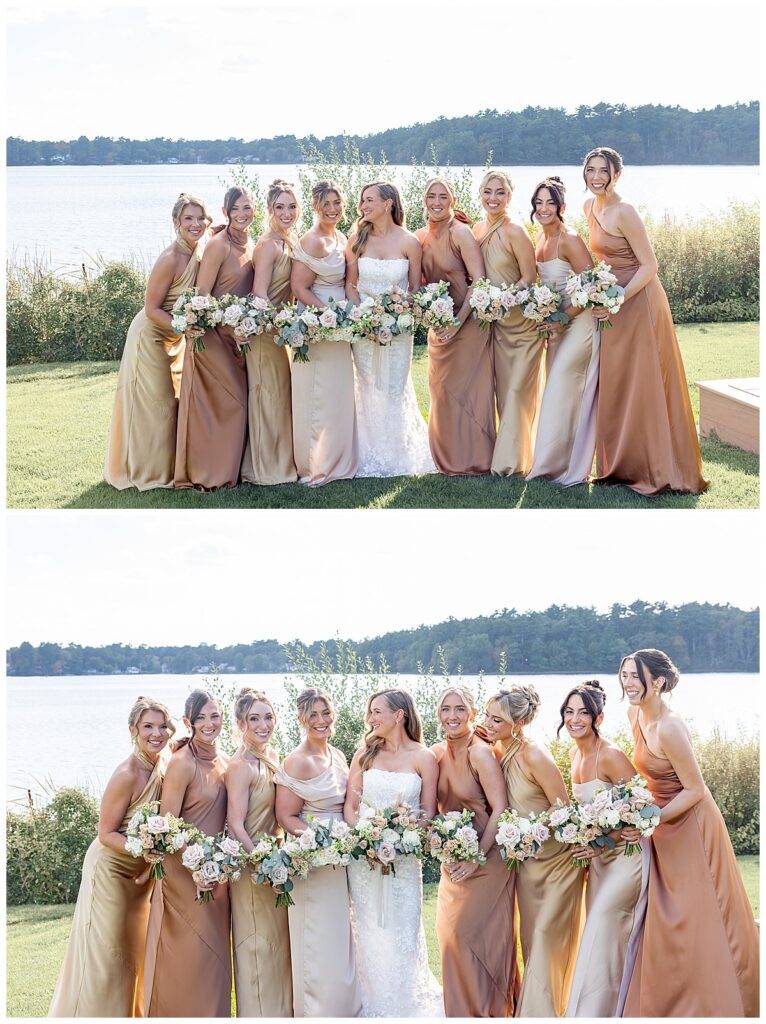 Bride and Bridesmaids on the lawn in front of the water at The Lakehouse, a Sapphire Event Group venue in Halifax, Cape Cod, Massachusetts.