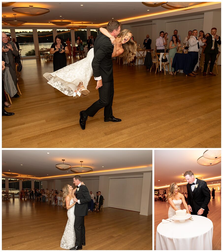 Bride and Groom dance at their wedding at The Lakehouse, a Sapphire Event Group venue in Halifax, Cape Cod, Massachusetts.