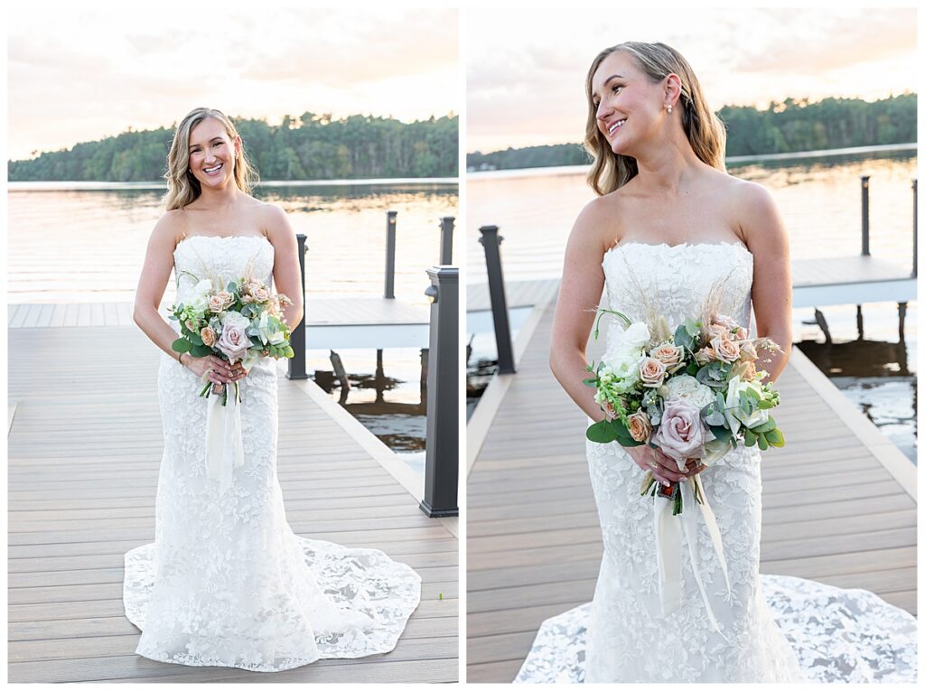 Bride stands on the dock at sunset at The Lakehouse, a Sapphire Event Group venue in Halifax, Cape Cod, Massachusetts.