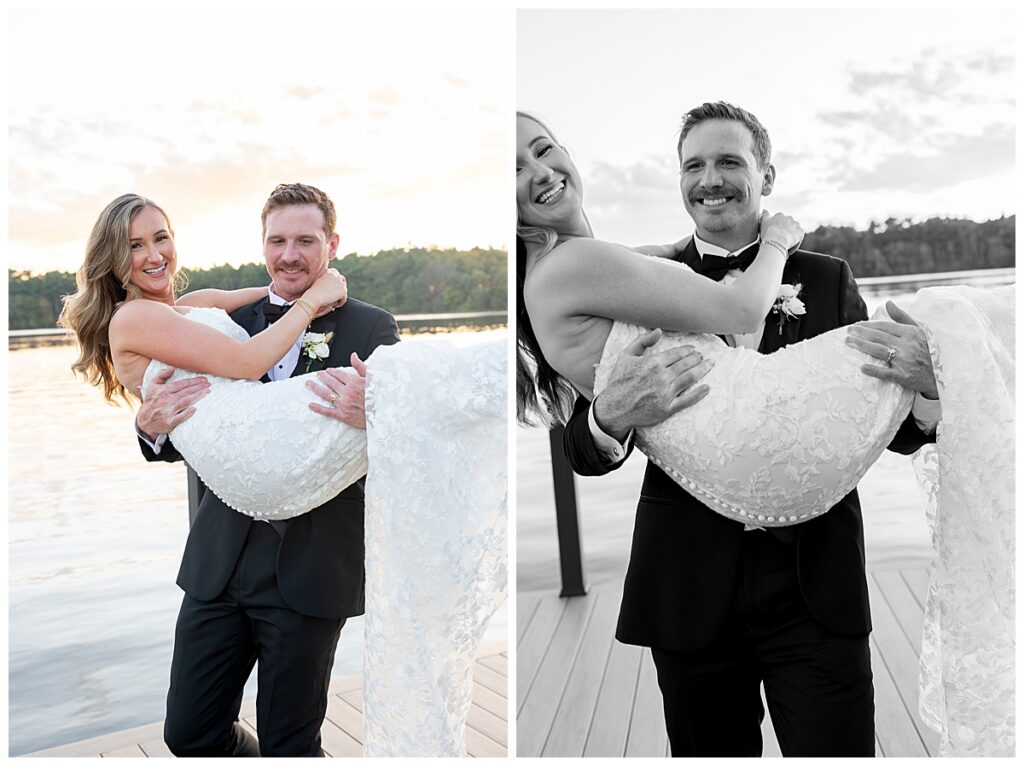 Groom holds bride in his arms while standing on the dock at sunset at The Lakehouse, a Sapphire Event Group venue in Halifax, Cape Cod, Massachusetts.
