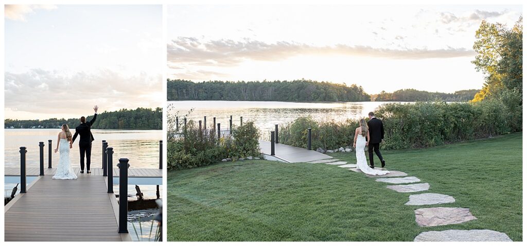 Bride and Groom walk hand in hand towards the water at sunset towards the dock at The Lakehouse, a Sapphire Event Group, in Halifax, Cape Cod, Massachusetts.