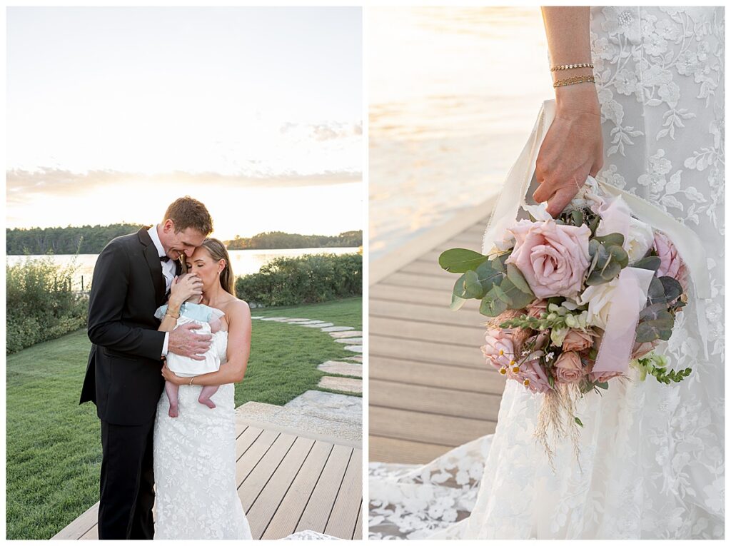 Bride holding bouquet down by her side during sunset on the dock by the water, and Bride and Groom hold baby and kiss her at The Lakehouse, a Sapphire Event Group venue in Halifax, Cape Cod, Massachusetts.