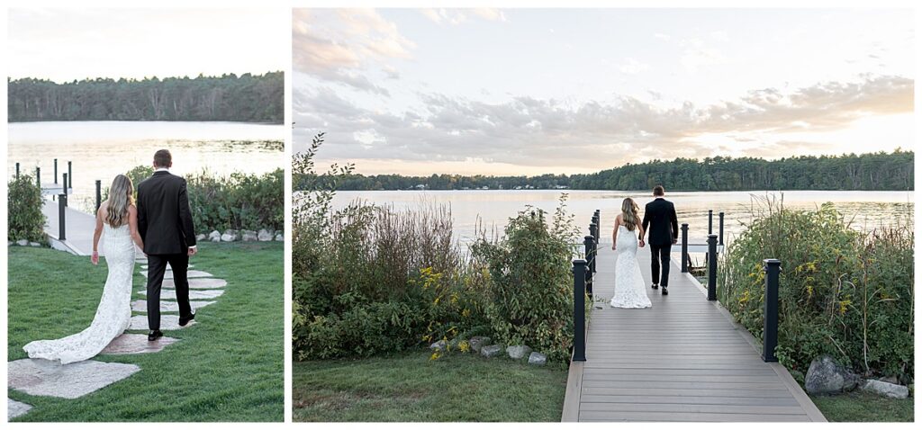 Bride and Groom walk hand in hand out towards the water along the dock during sunset at The Lakehouse, a Sapphire Event Group venue in Halifax, Cape Cod, Massachusetts.