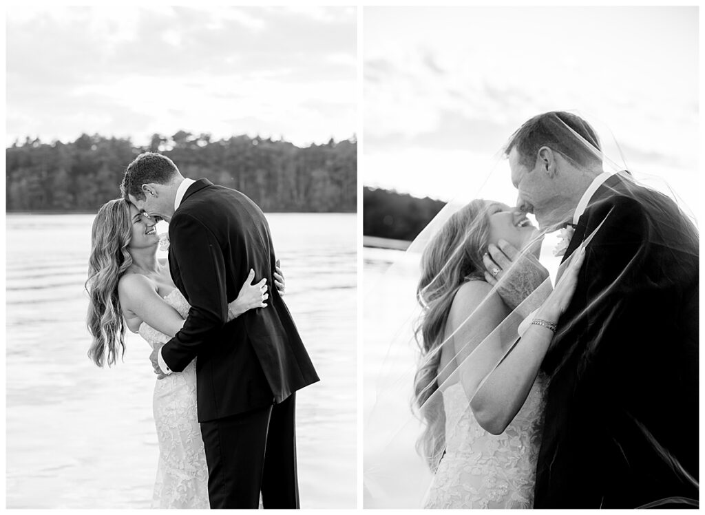 Bride and Groom black and white pictures on the dock at The Lakehouse, a Sapphire Event Group venue in Halifax, Cape Cod, Massachusetts.