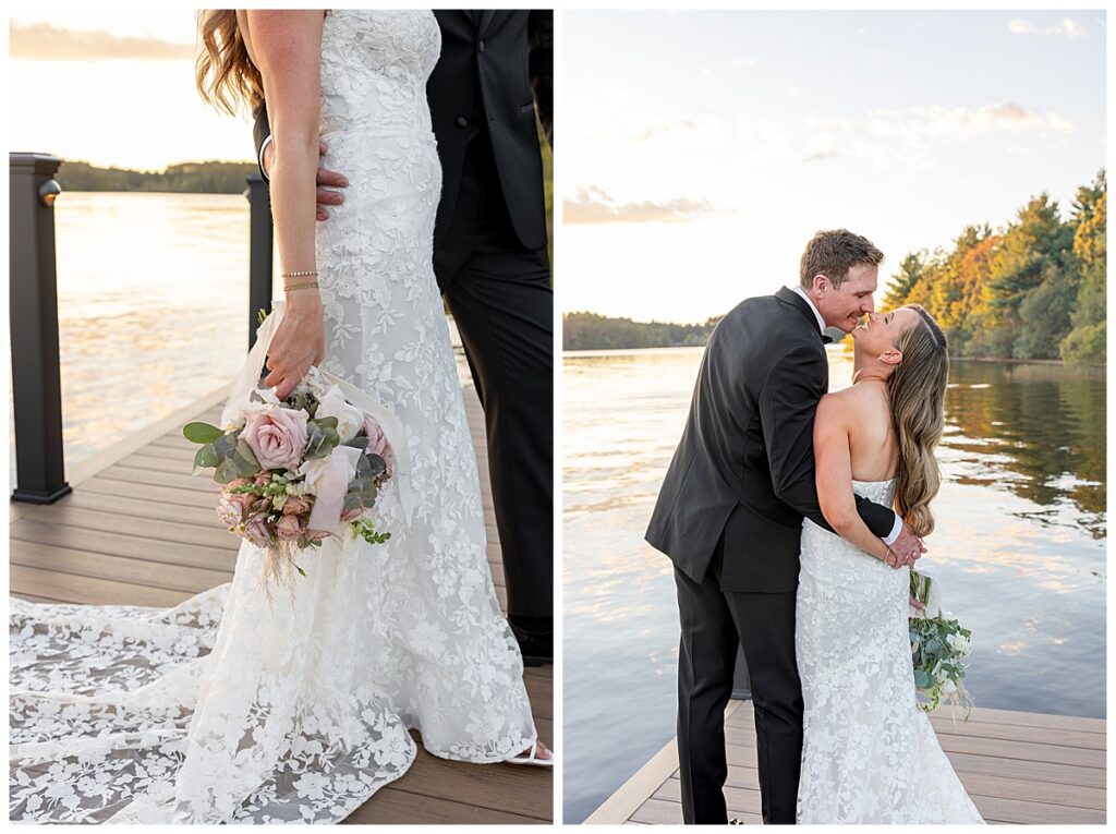 Bride dangles her bouquet by her side while on the dock of The Lakehouse, a Sapphire Event Group venue in Halifax, Cape Cod, Massachusetts.
