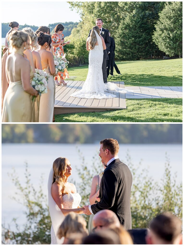 Bride and Groom exchanging vows on the outdoor ceremony spot overlooking the water at The Lakehouse, a Sapphire Event Group venue in Halifax, Cape Cod, Massachusetts.