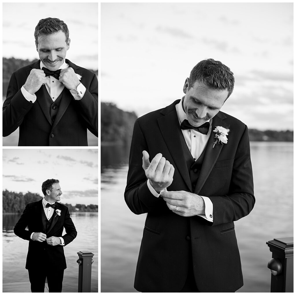 Groom shots in black and white, while standing on the dock by the water at The Lakehouse, a Sapphire Event Group venue at sunset.