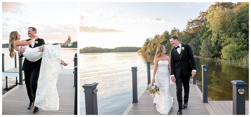 Bride and Groom walk hand and hand, and he scoops her up in his arm at sunset while on the dock by the water at The Lakehouse, a Sapphire Event Group venue in Halifax, Cape Cod, Massachusetts.