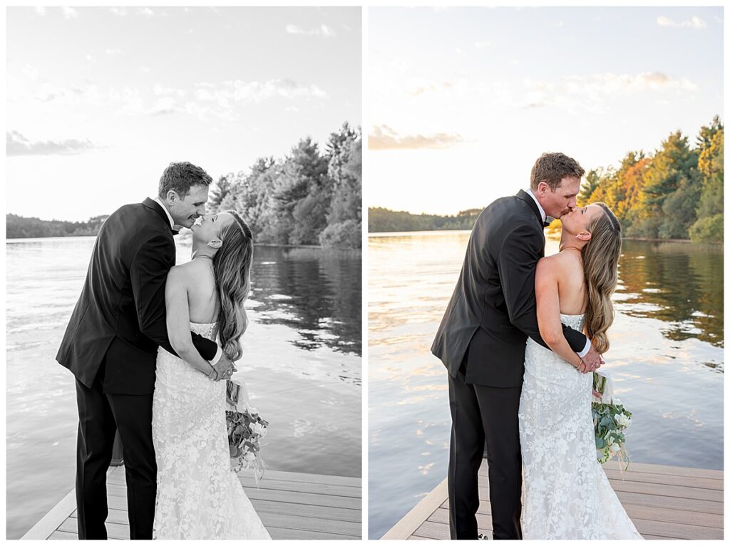 Bride and Groom share a kiss on the dock of The Lakehouse, a Sapphire Event Group venue in Halifax, Cape Cod at sunset.