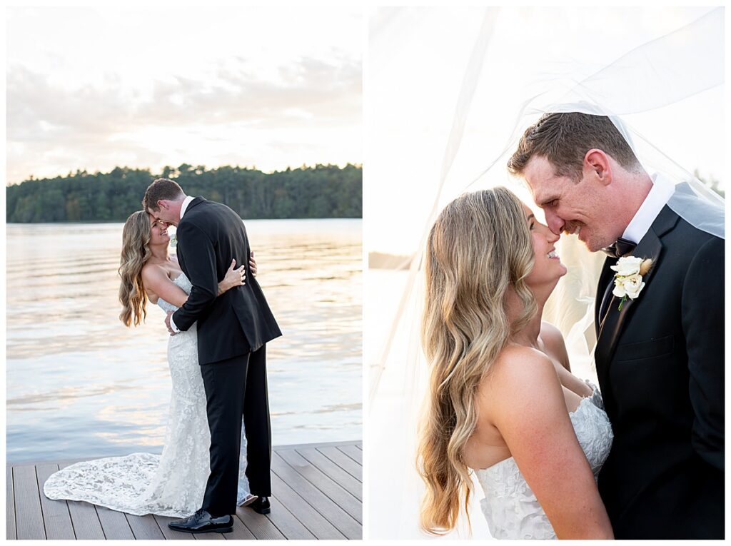 Bride and groom touch foreheads at sunset on the dock of The Lakehouse a Sapphire Event Group venue in Halifax, Cape Cod, Massachusetts.
