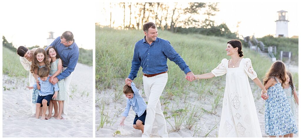 Family hugs and laughs at one another at Chatham Lighthouse Beach in Chatham, Cape Cod, Massachusetts.