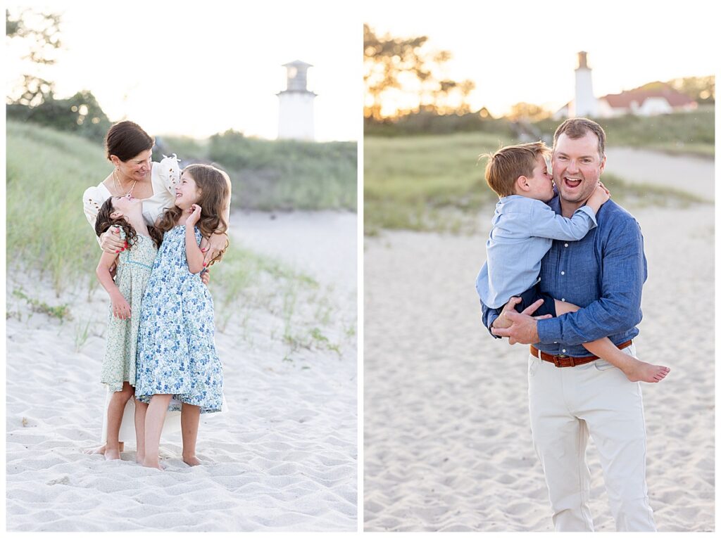 Mom and her girls, and dad and his son play with one another at sunset in front of Chatham Lighthouse Beach in Chatham, Cape Cod, Massachusetts.