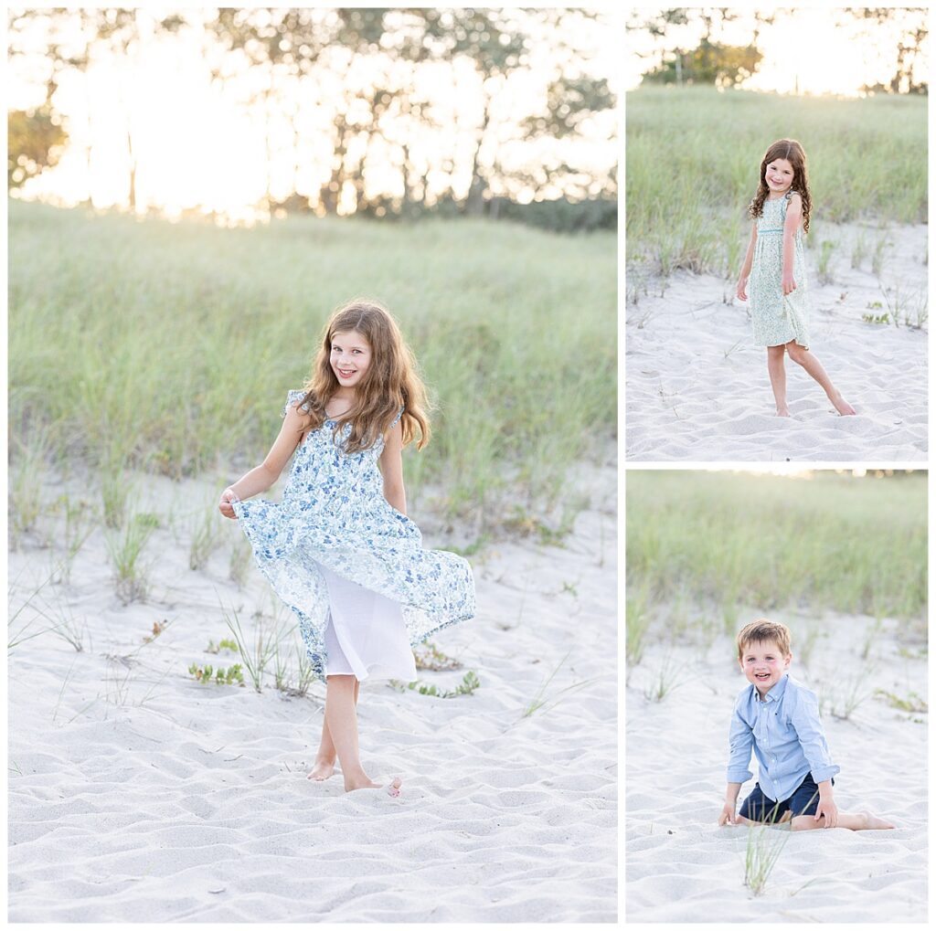 3 young children play in the sand and smile individually in each photo at Chatham Lighthouse Beach in Chatham, Cape Cod, Massachusetts.
