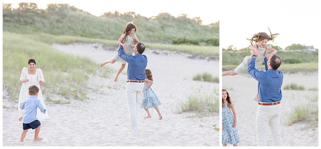 Mother and father toss kids in the air while laughing and playing at sunset at Chatham Lighthouse beach in Chatham, Cape Cod, Massachusetts.